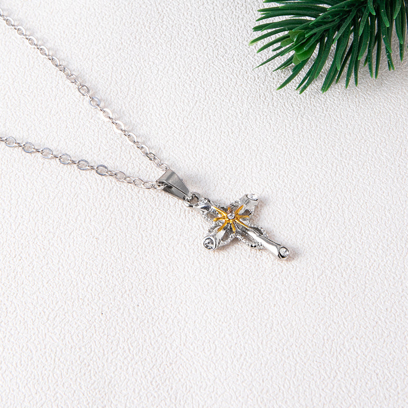 Cross Flower Pendant Necklace Catholic Faith Silver Necklace